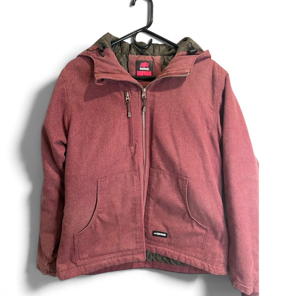 Berne Ladies Hooded Work Jacket L 12-14 Burgundy Quilted Lined Canvas WHJ65MN